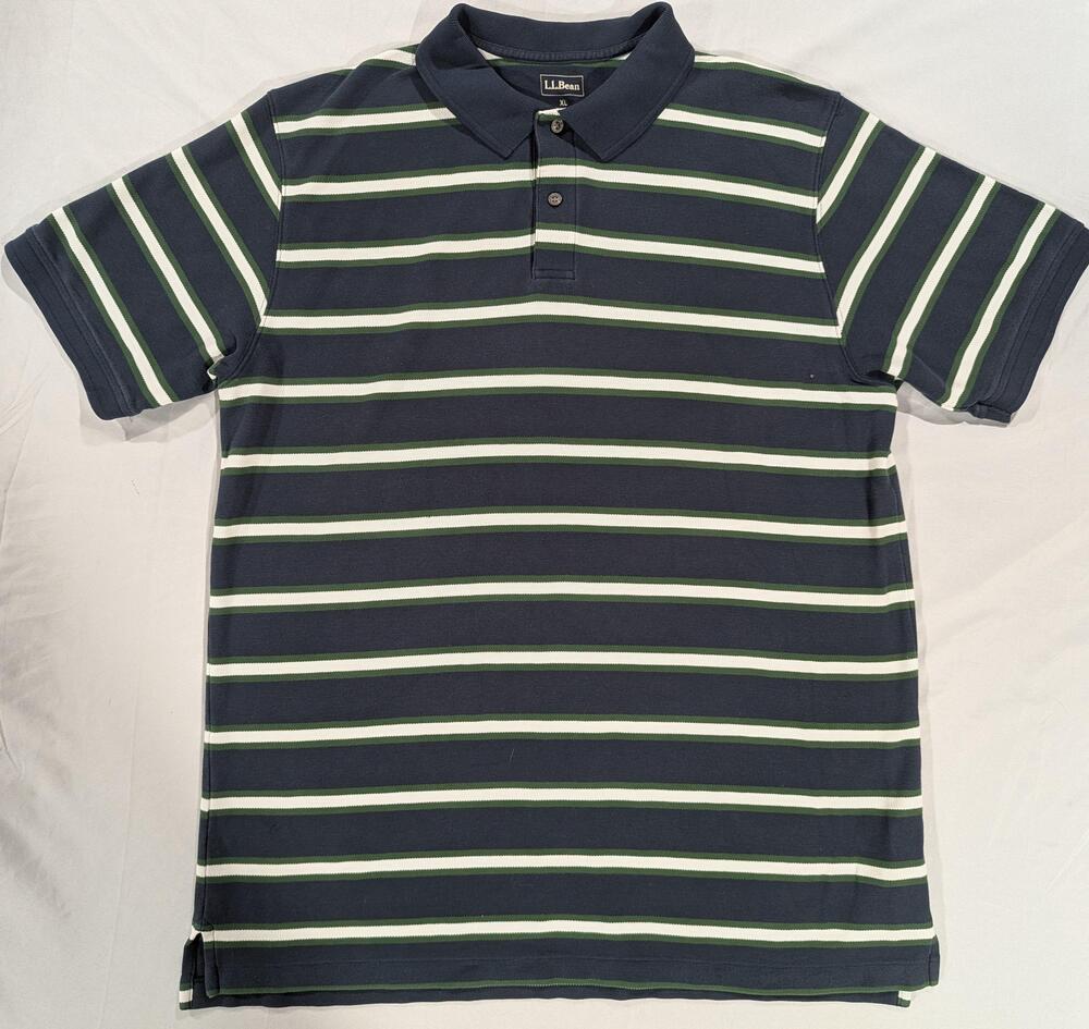 L.L. Bean Polo Shirt Mens XLT Blue Green Striped Short Sleeve Cotton Casual